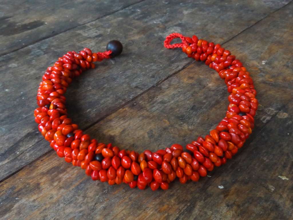 collier en graines rouge de cardinalier et graine de tolloman
